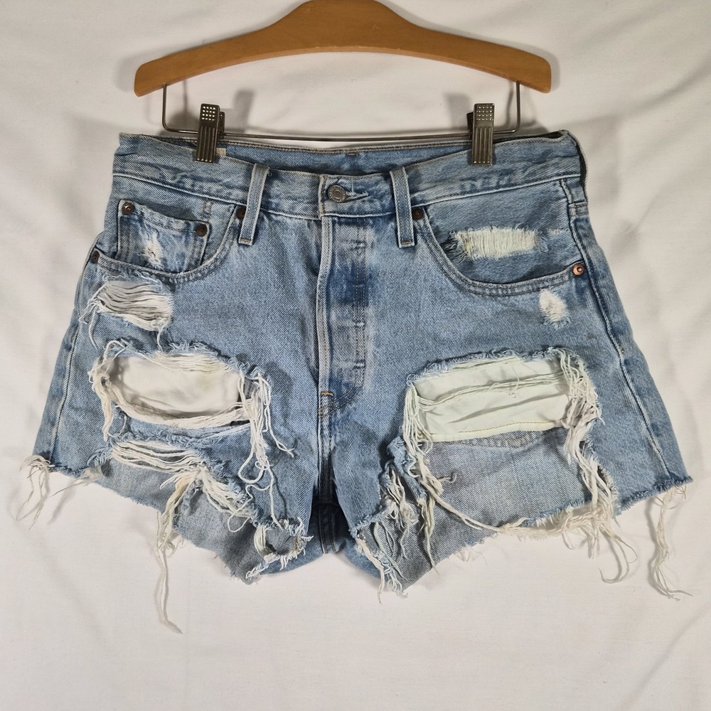 VintageLevi's 501 Big E Women's W30 Distressed High Rise Denim Shorts Light Was
